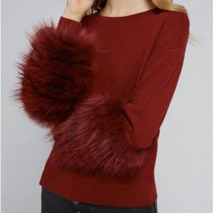 Alice + Olivia Red Sheila Pullover Sweater Real Fox Fur Cuffs Size Medium